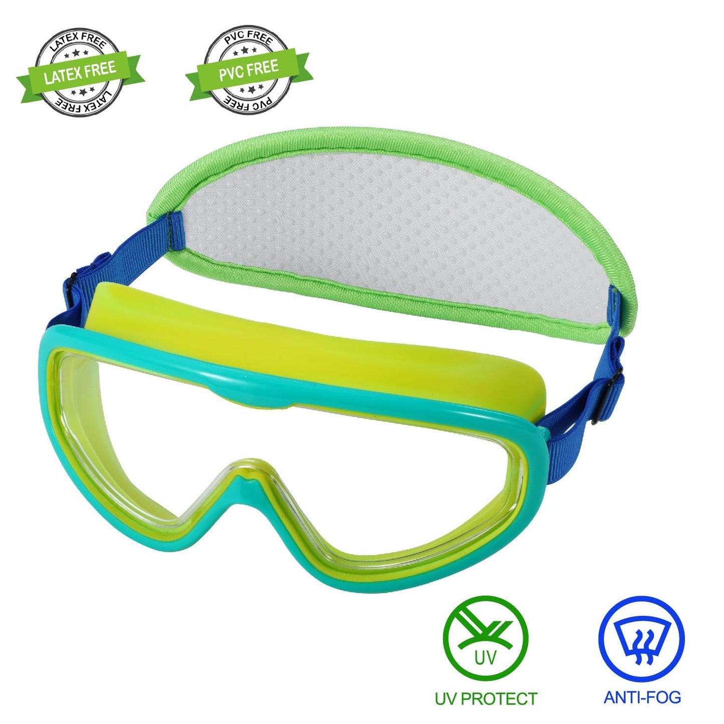 RUIGAO Kid Swim Goggles,Kids Goggles Fabric Strap,Dino Green Swimming Goggles for Kids/Toddlers 3-8