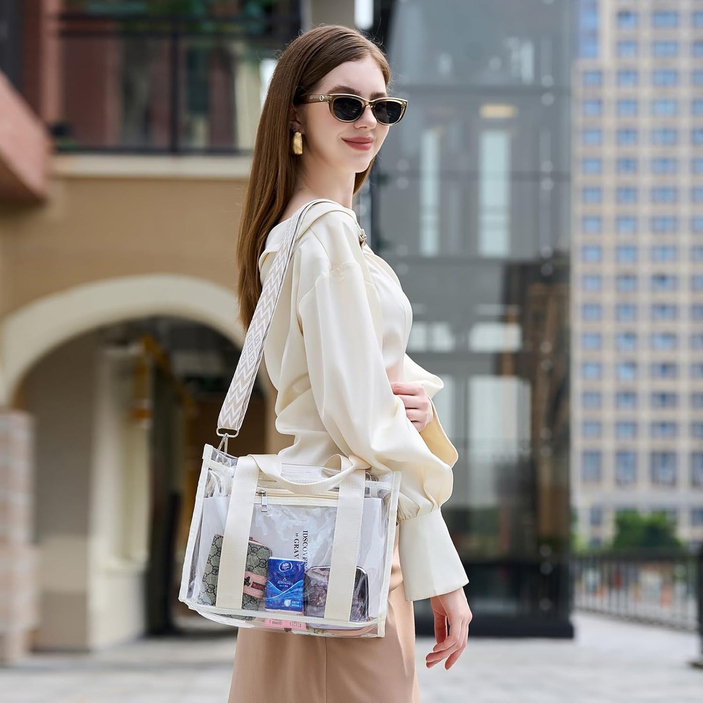 Skiennix Clear Stadium Bag - Large Tote with Inner & Outer Zipper Pockets for Events, Concerts, Beach
