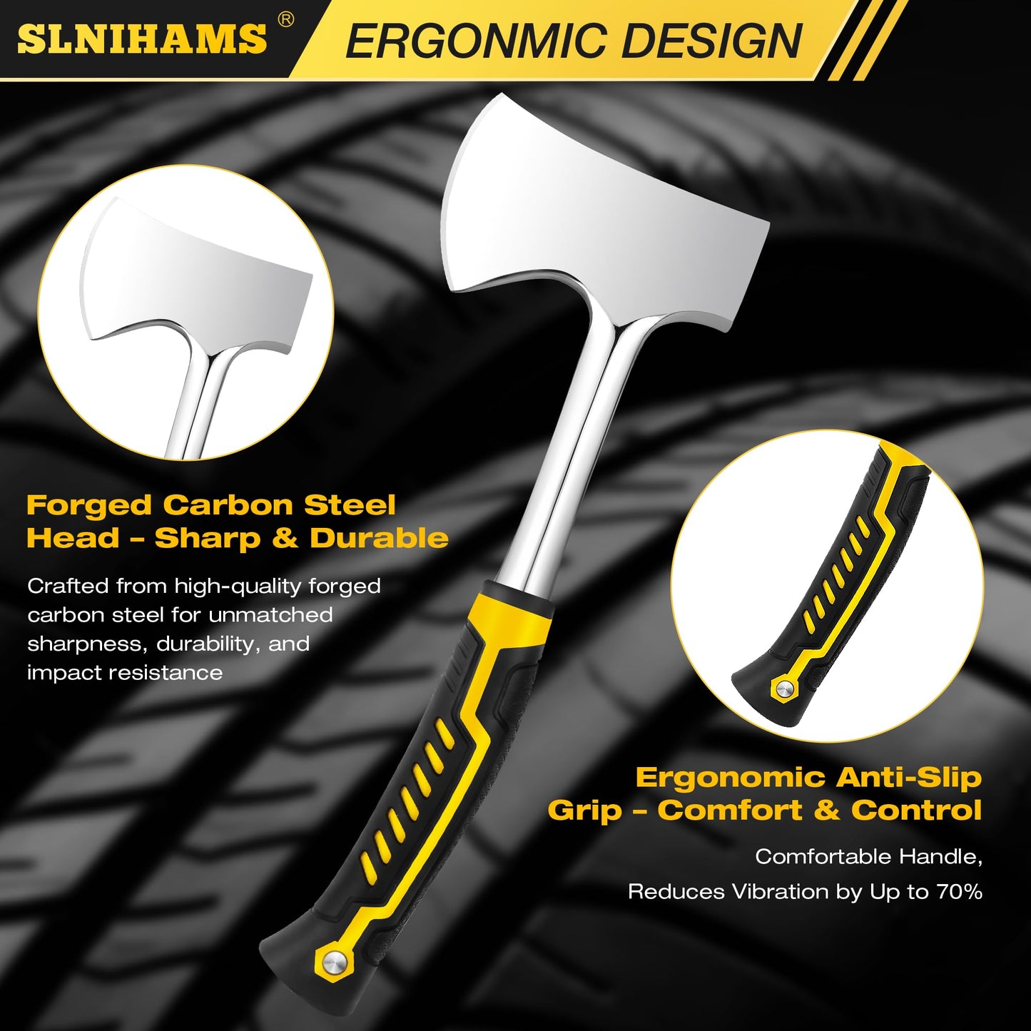 SLNIHAMS 13.5" Camping Hatchet, Forged Carbon Steel Axe with Ergonomic Anti-Slip Grip & Heavy-Duty Oxford Nylon Sheath – Outdoor Survival, Camping, Wood Splitting & Hiking Tool