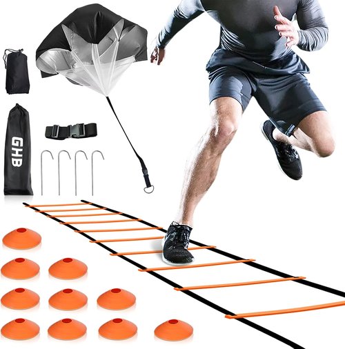 GHB Agility Ladder - Speed Training Workout Ladder with 12 Rungs & 20ft Length | Includes 6 or 10 Cones & Resistance Parachute