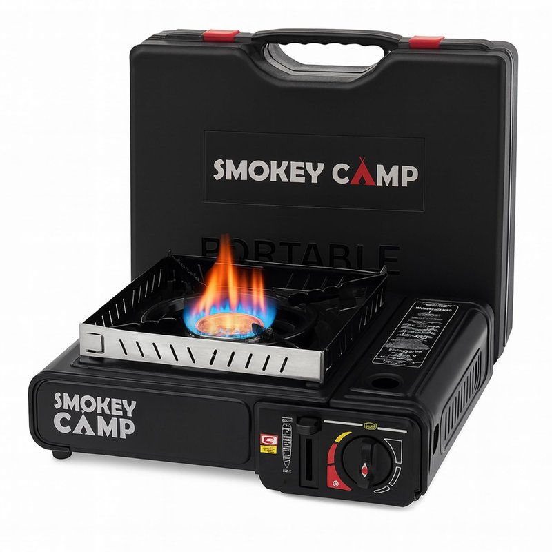 Portable Camping Stove with Plastic Suitcase 3000W Butane or Propane Fuel Compatable (Propane Adapter not Included), Automatic Ignition, Precise Heat Control, for Camping, Hiking, and Outdoor Cookwing