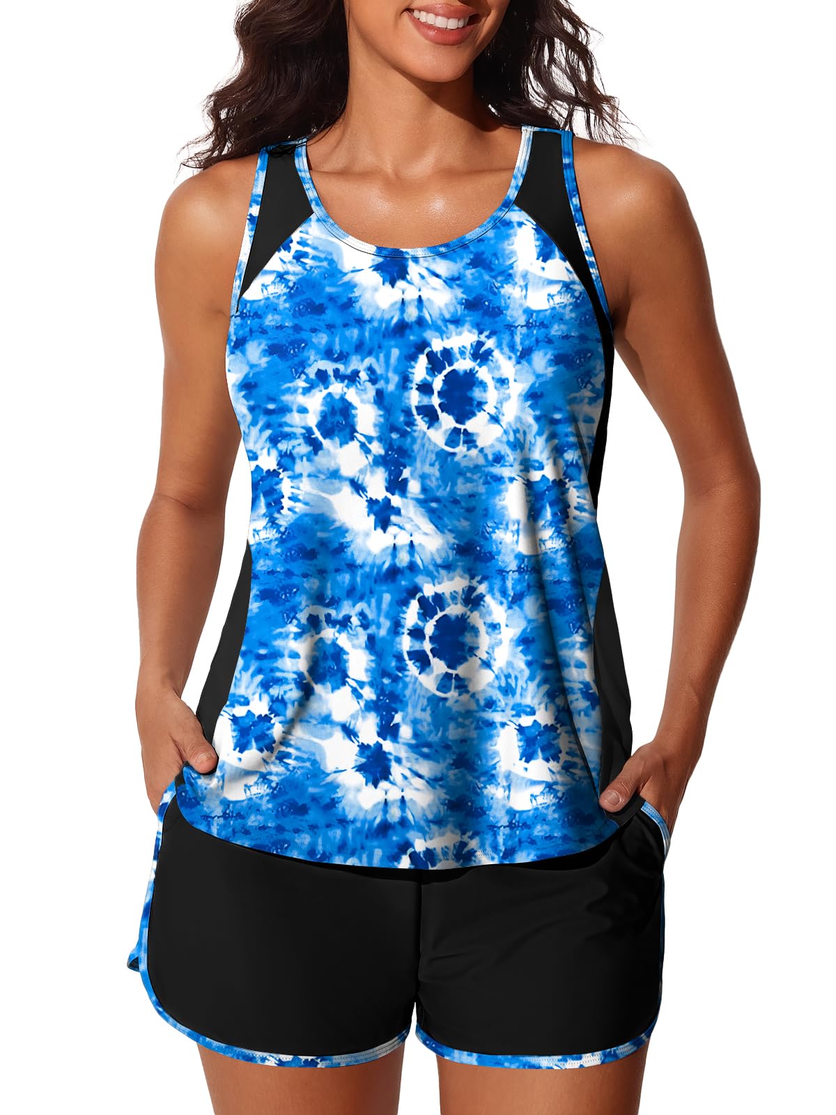 Summer Mae Plus Size Tankini Swimsuits for Women 2026 Tummy Control Two Piece Bathing Suits with Pockets Swim Shorts Blue Tie-Dye Size 26 Plus