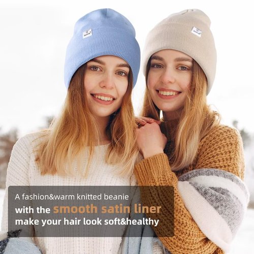 3 Pack Satin Lined Winter Beanie Hats,Silk Lined Beanie Knit Soft Warm Cuffed Hat for Women Men Color 5