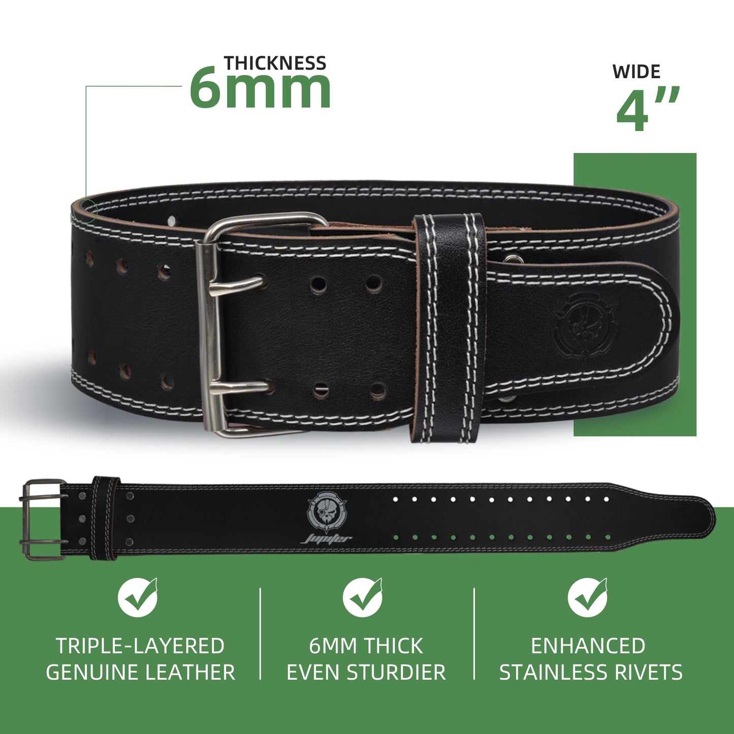 Weight lifting Belt (6mm Thick) - Genuine leather, offering back support. Double-pronged buckle, ideal for weightlifting, powerlifting, squats and deadlifts(White M)