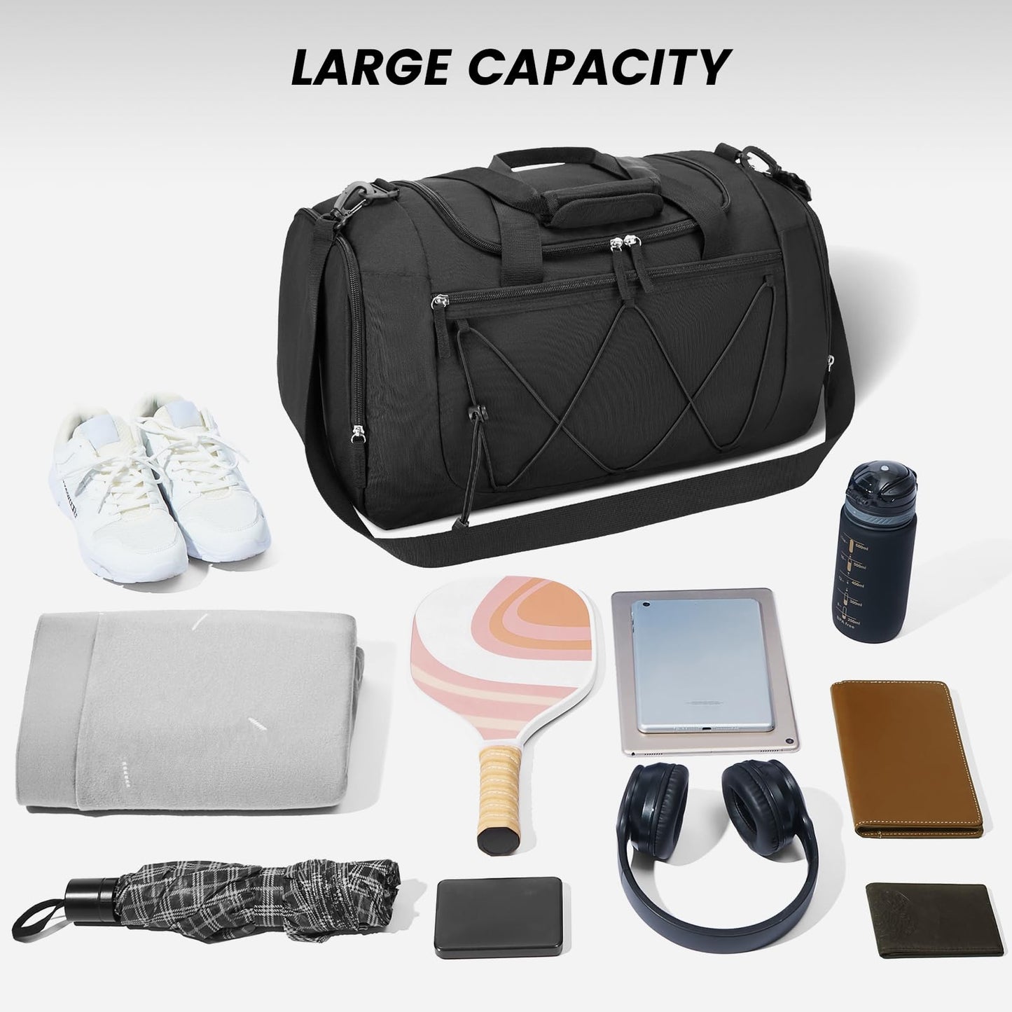 Vorspack Gym Bag for Men - 21 Inches Duffle Bag for Travel Lightweight Duffel Bag with Shoe Compartment Personal Item Travel Bag Weekender Bag for Travel Sports Gym - Black