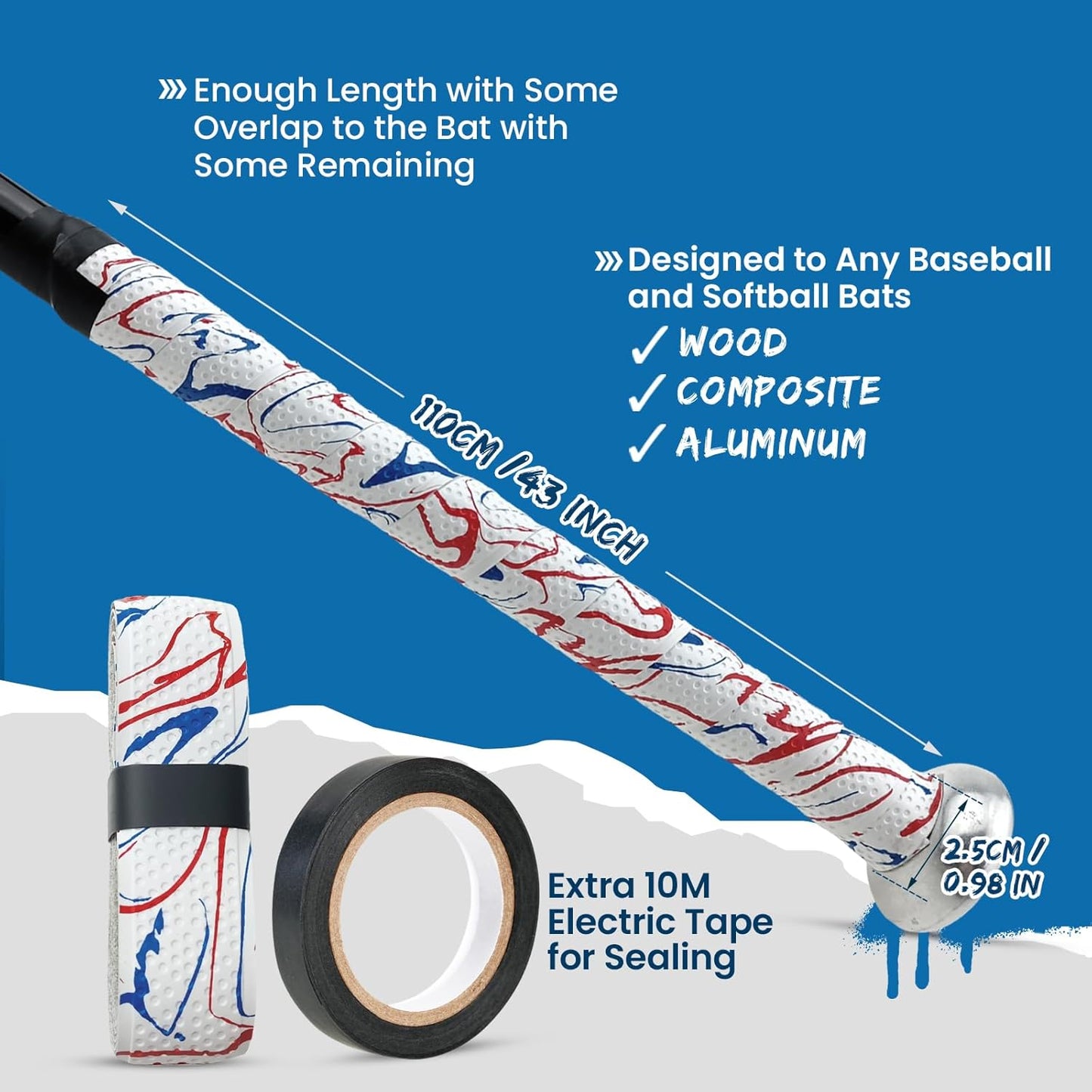 Skiennix 1.8mm Bat Grip - Non-Slip Dotted Baseball Bat Tape | 43'' Tacky Wrap with 10M Black Electric Tape