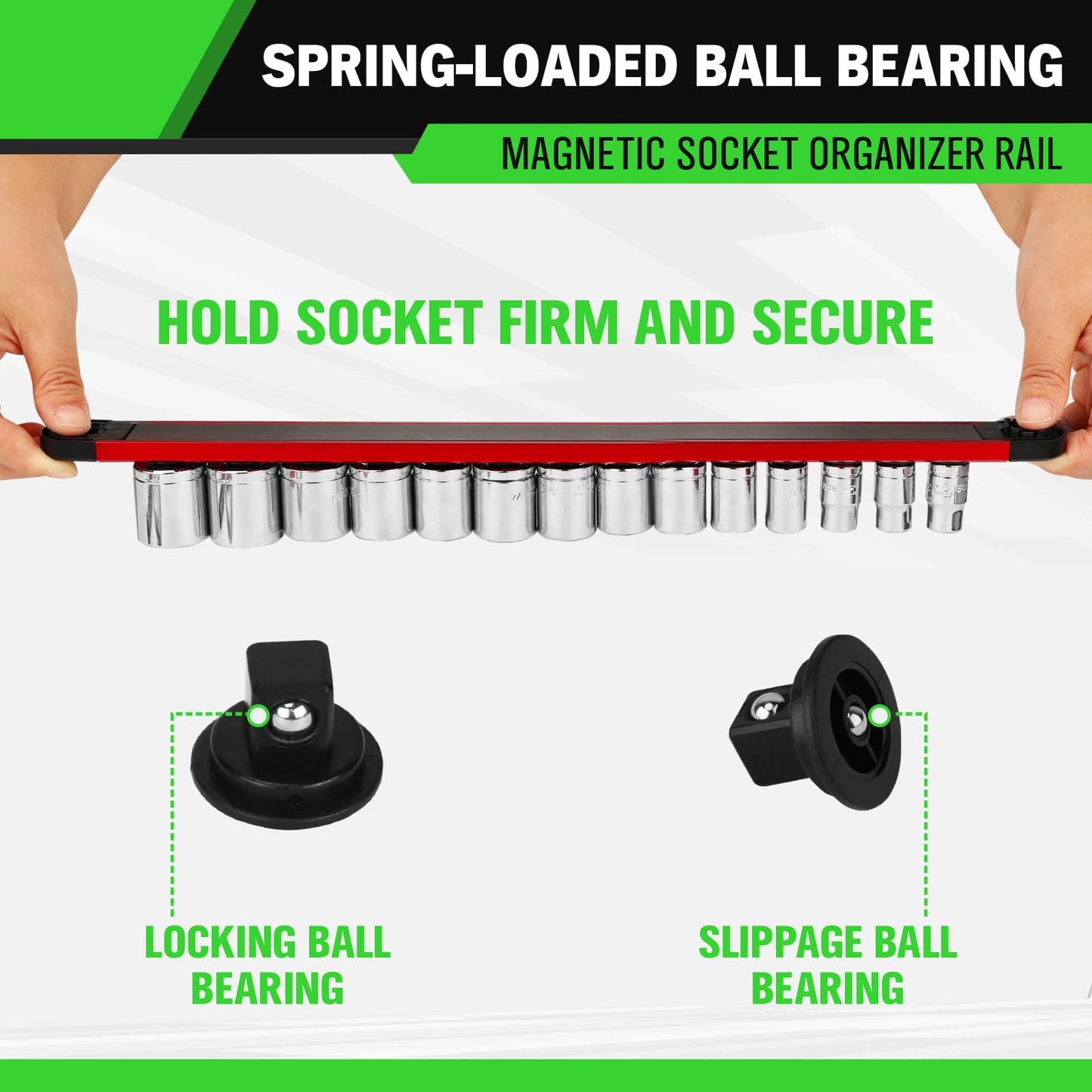 3/8-Inch Magnetic Socket Organizer Rail, Aluminum Alloy Socket Rail, Heavy Duty Sockets Holder with 14 Clips, 360° Swivel Clip Tool Tray, Sockets Organizer for Tool Box Drawer (Red)