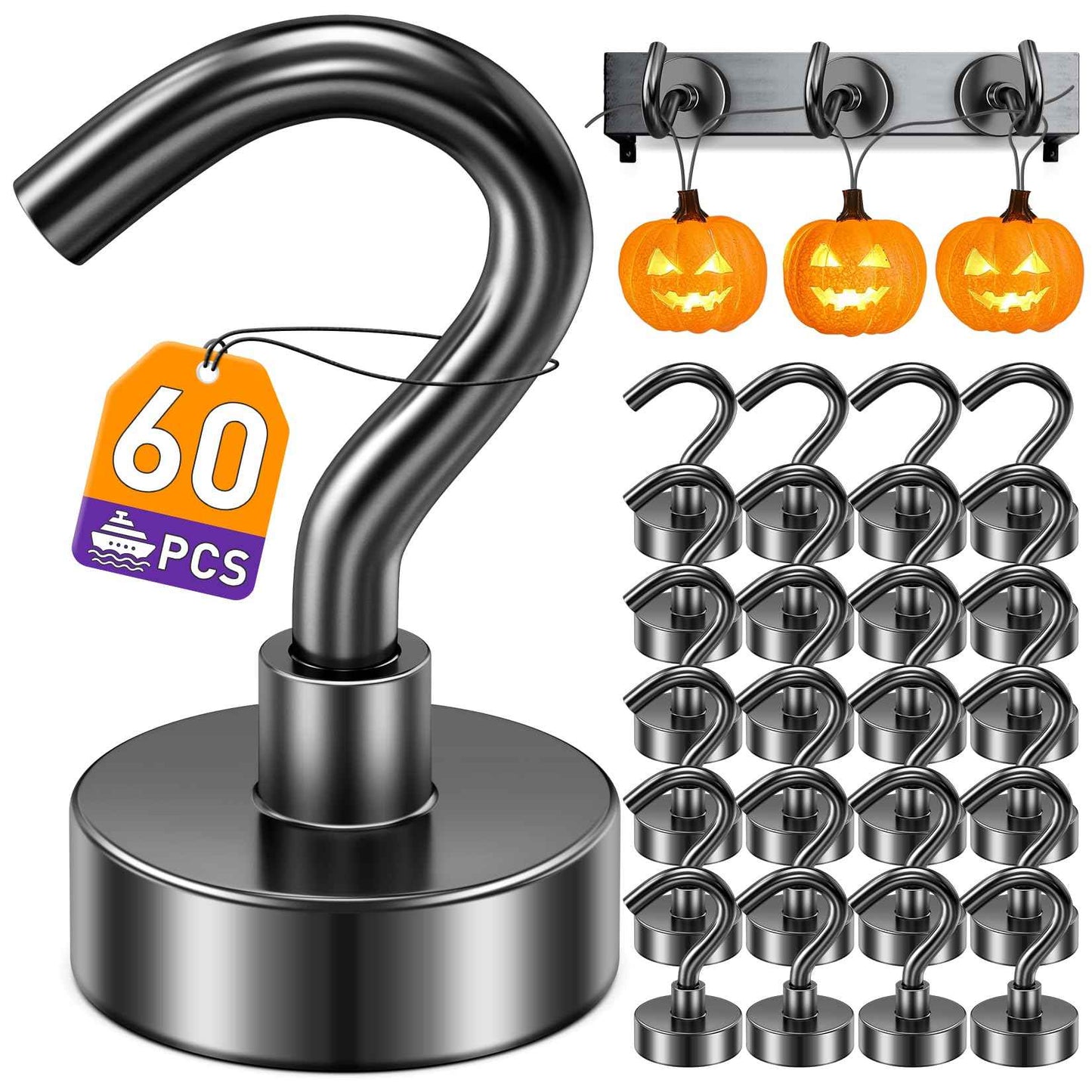 Mukfirm 60 Pack Black Magnetic Hooks, Strong Magnet Hooks for Cruise Ship, Heavy Duty Magnetic Hooks for Hanging, Magnet Hooks for Cabins, Magnetic Wall Hooks for Refrigerator, 25 LBS