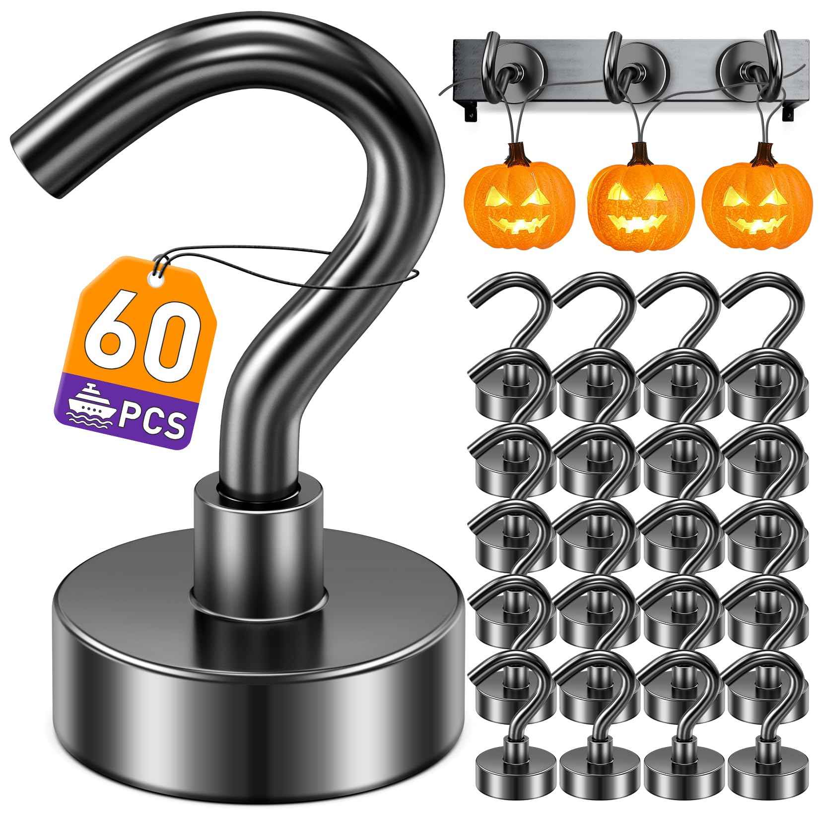Mukfirm 60 Pack Black Magnetic Hooks, Strong Magnet Hooks for Cruise Ship, Heavy Duty Magnetic Hooks for Hanging, Magnet Hooks for Cabins, Magnetic Wall Hooks for Refrigerator, 25 LBS