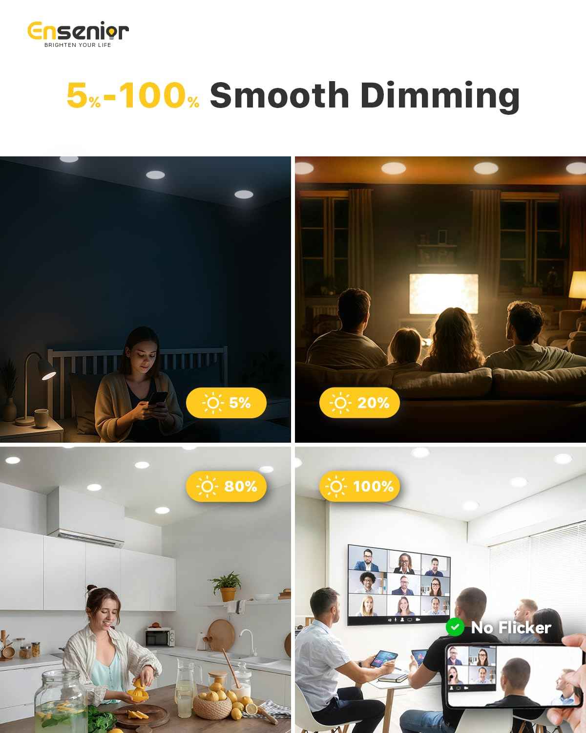 Ensenior 6 Pack 6 Inch LED Recessed Light, Dimmable, 2700K-5000K 5CCT, 1200LM High Brightness, 12W 120V, Damp Rated, ERL-12X-ETL, Ultra-Thin Canless Wafer Ceiling Light - ETL & FCC & IC