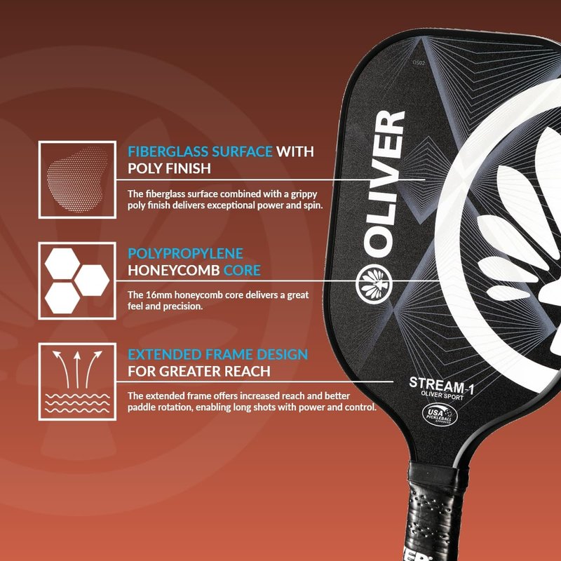 Stream-1 Pickleball Paddle | USAPA Approved | Oliver Meta Carbon Technology & Fiberglass Surfaces | Control & Performance | 16MM Polypropylene Honeycomb Core | Ideal for Novice & Professional Players