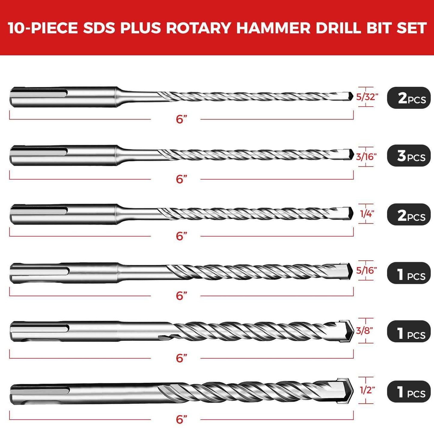 Keewaki SDS Plus Rotary Hammer Drill Bit Set - 10-Piece Includes 5/32" to 1/2" Sizes Concrete Masonry Drill Bits for Brick, Cement & Stone - Durable Alloy Tip, Fast Drilling