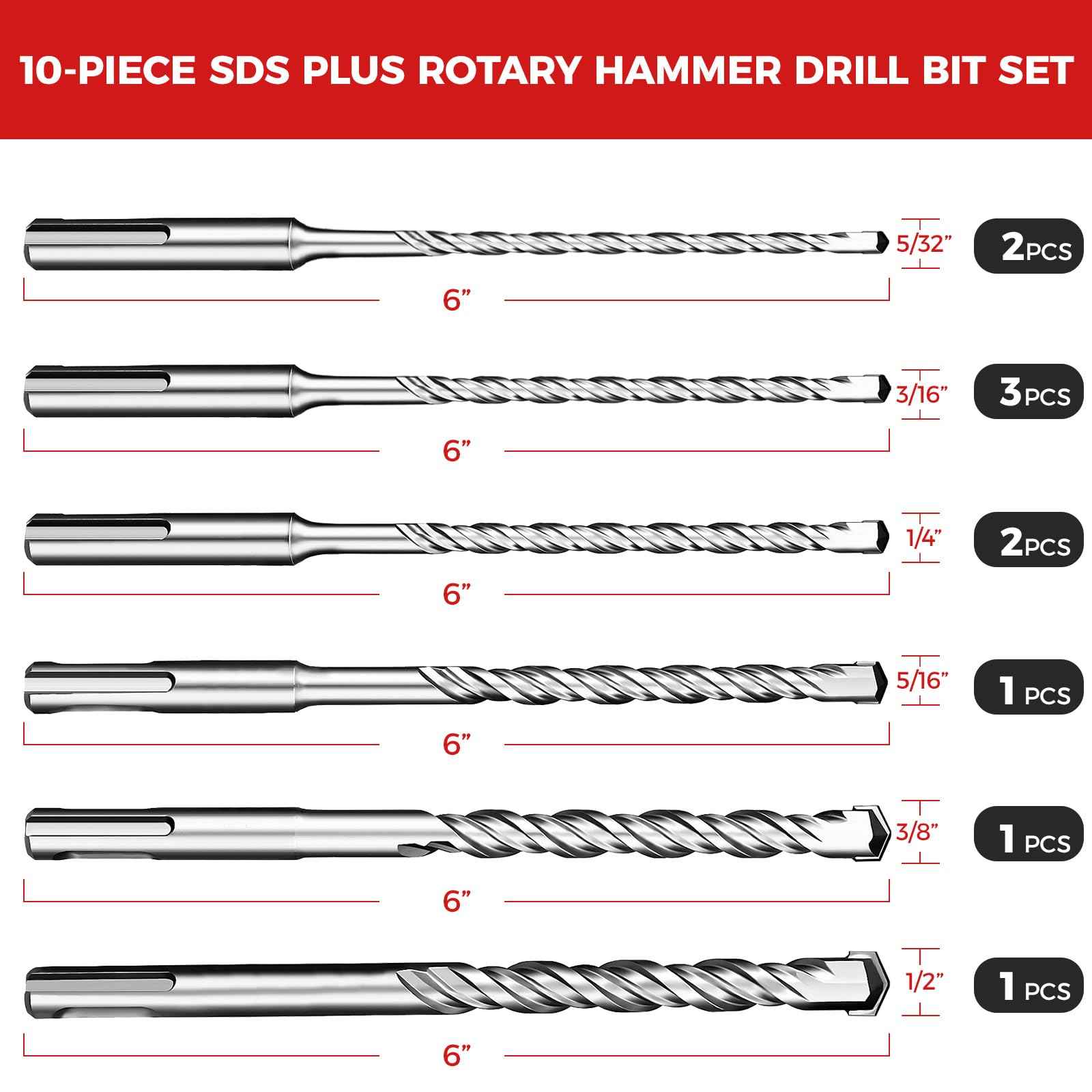 Keewaki SDS Plus Rotary Hammer Drill Bit Set - 10-Piece Includes 5/32" to 1/2" Sizes Concrete Masonry Drill Bits for Brick, Cement & Stone - Durable Alloy Tip, Fast Drilling