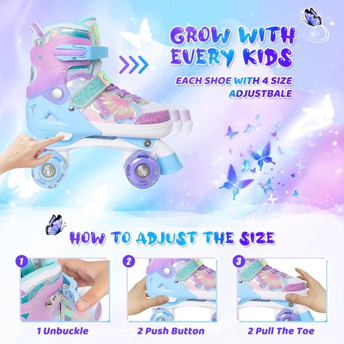 MammyGol Kids Roller Skates for Girls or Boys, 4 Size Adjustable Roller Skates for Children with Beautiful Butterflies, Beginner Kids Light up Roller Quad Skates Indoor Outdoor (Purple)