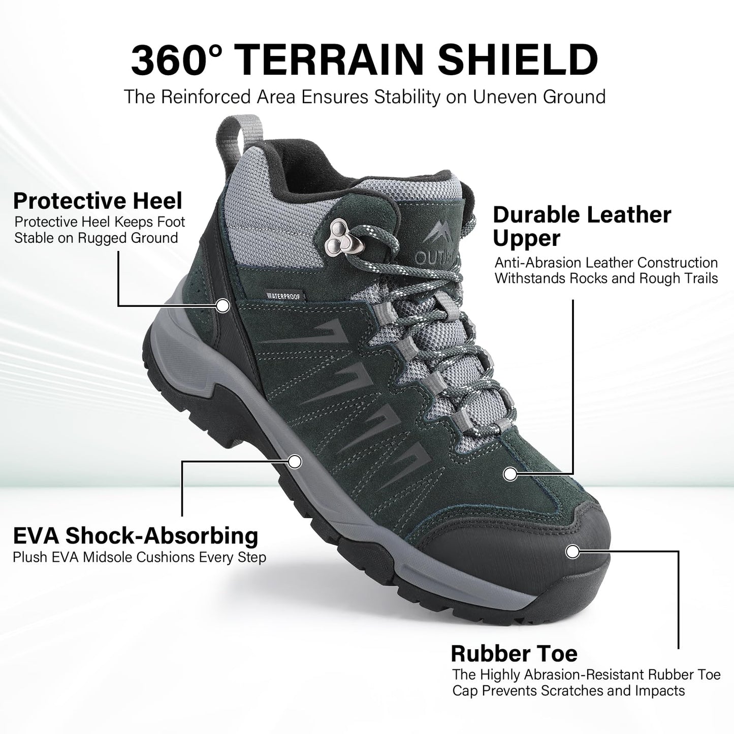 OUTJET Men's Waterproof Hiking Boots Lightweight Leather Mid Ankle Outdoor Trail Trekking shoes