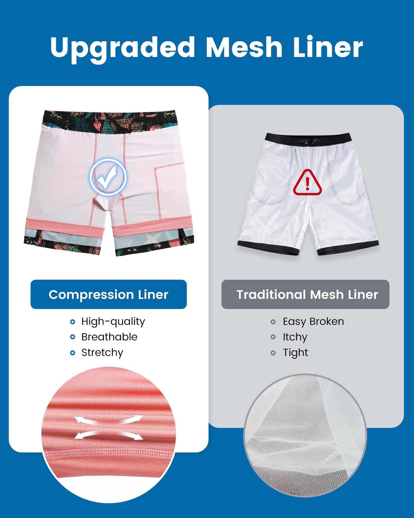 maamgic Mens Swim Trunks with Compression Liner 7 Inch Inseam Mens Bathing Suit Quick Dry Swimming Trunks Swimsuit Submarine Pink Black X-Large