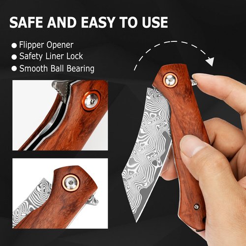 AUBEY Pocket Knife for EDC, 3.15" VG10 Core Damascus Steel Blade Folding Knife with Wood Handle, Liner Lock, Clip, Gift/Collection for Men Women