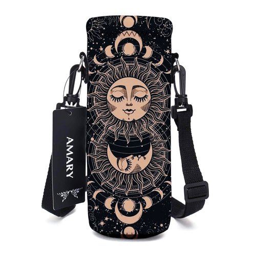 AMARY 750ML Neoprene Water Bottle Carrier Bag with Adjustable Shoulder Strap,Insulated Water Bottle Cover for Stainless Steel/Glass/Plastic Bottles 24OZ (Sun Moon)