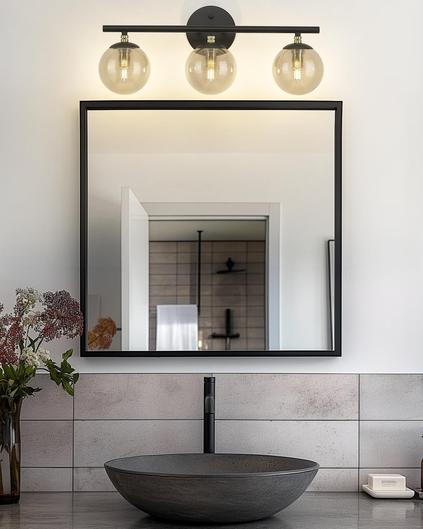 LMS Black Vanity Light, 3-Light Bathroom Light Fixtures 20.5 Inch, Black and Brass Gold Finish with Globe Glass Shade, LMS-117