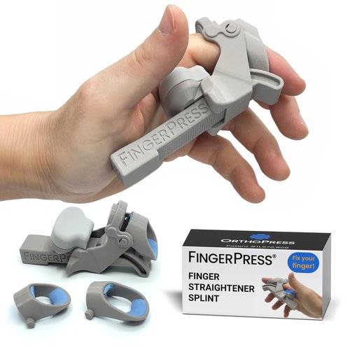 FingerPress Finger Straightener | PIP Extension Orthosis/Splint For Bent Fingers, PIP Flexion Contractures | Adjustable Joint Stretcher Device | Made in USA | Gray/Large