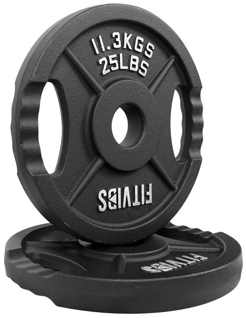 Signature Fitness Olympic 2-Inch Cast Iron Plate Weight Plate for Strength Training and Weightlifting, Style #2, 25LB Pair