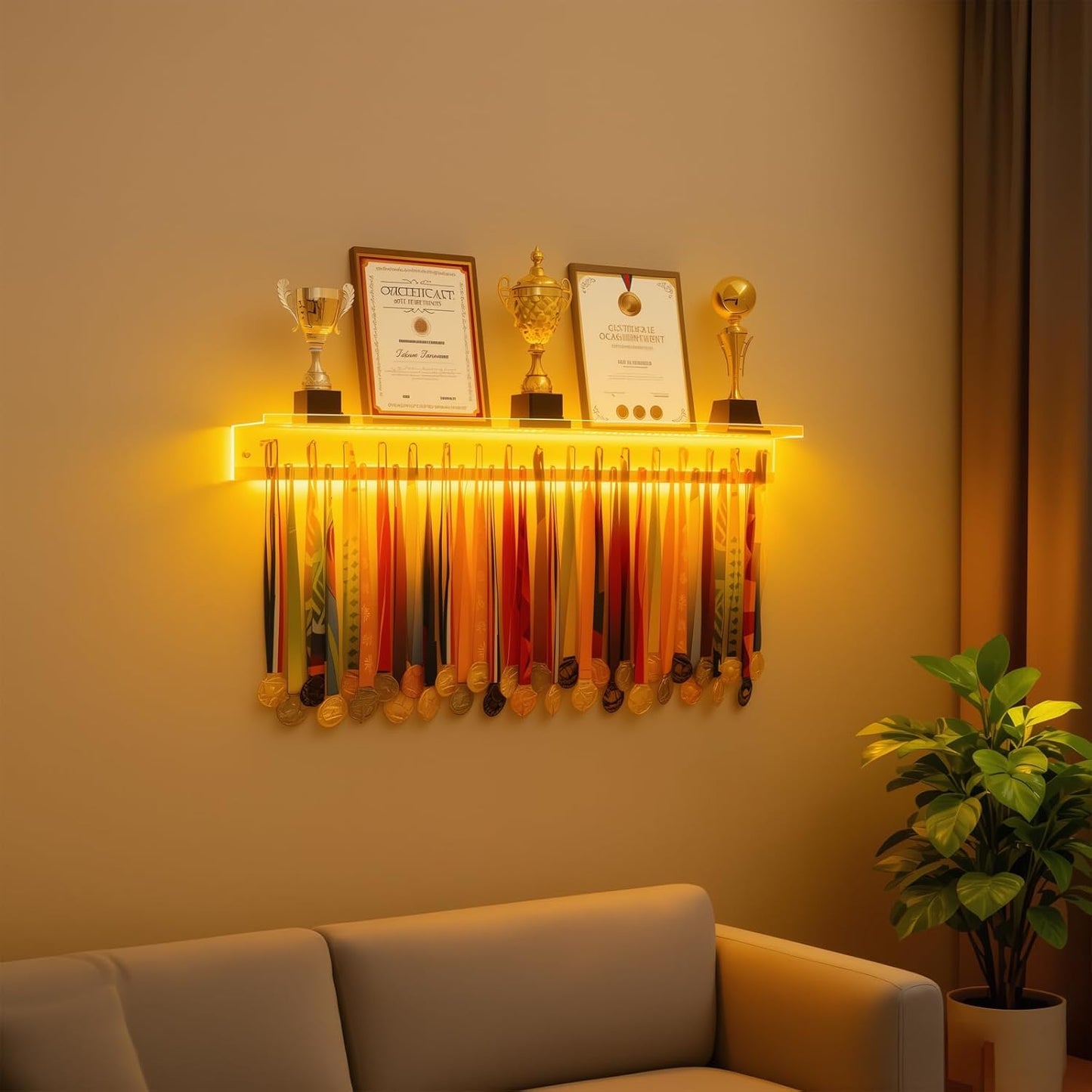 Omhuzsyo Acrylic Medal Hanger Display Rack - Light Up Trophy Shelf for Gymnastics, Running & More | Large 45.2”