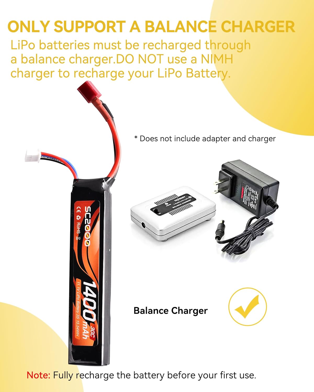 RunCam 11.1V LiPo Battery - 1400mAh 30C Rechargeable Stick Battery with T Plug | Mini Tamiya Cable for Airsoft Guns