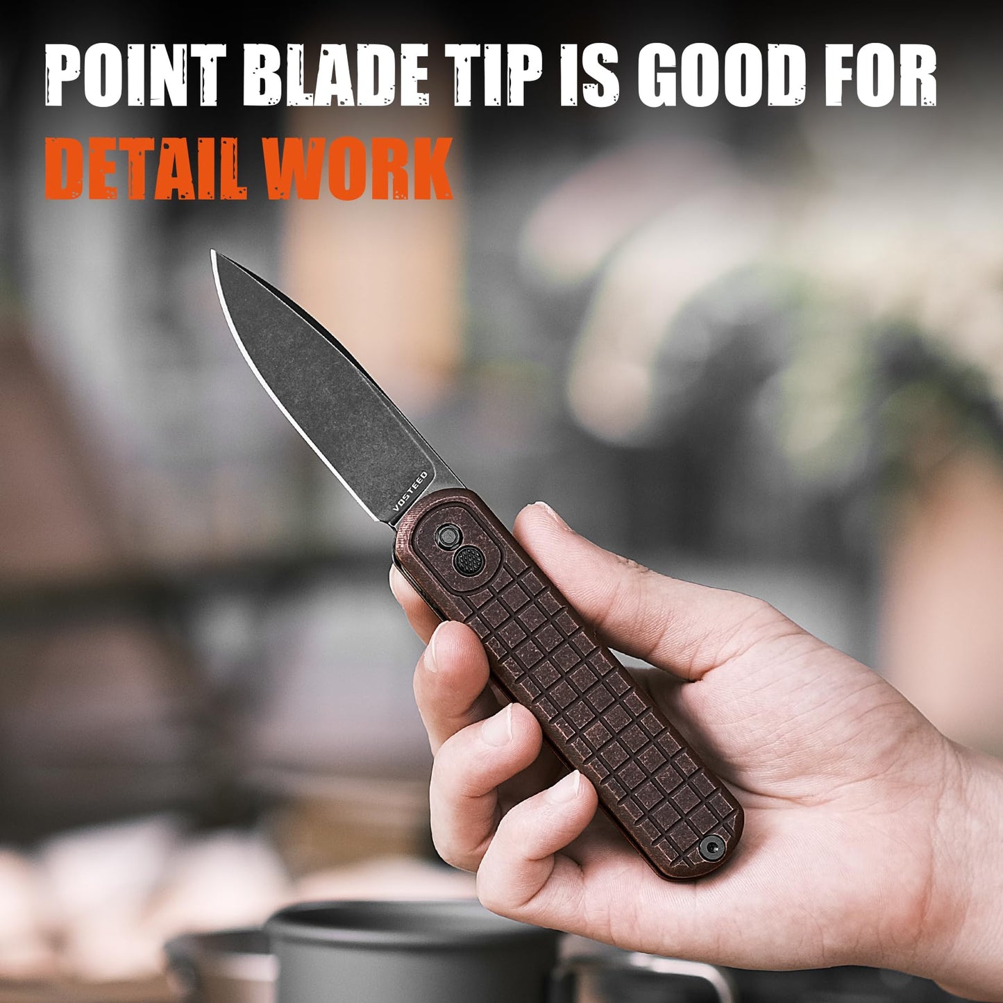 Vosteed Corgi Small EDC Pocket Knife - 2.99" Nitro-V Black Stonewash Blade - Patented Trek Lock, Copper Handle for Hiking, Camping - A0715