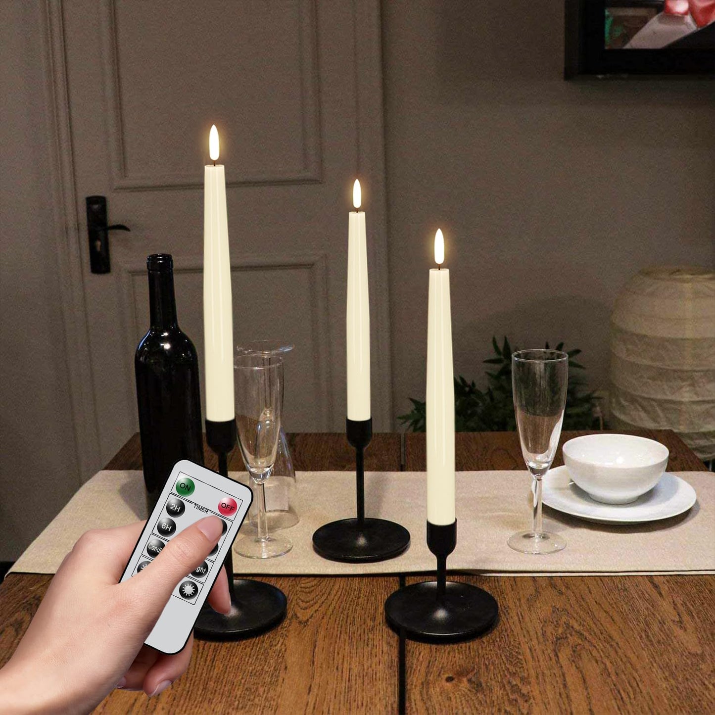 GenSwin LED Taper Candles, Flameless Taper Candles Battery Operated with Remote Timer, Set of 2 Real Wax White Flameless Candlesticks with 3D Flickering Flame for Home Wedding Decor (0.78” x 9.84”)