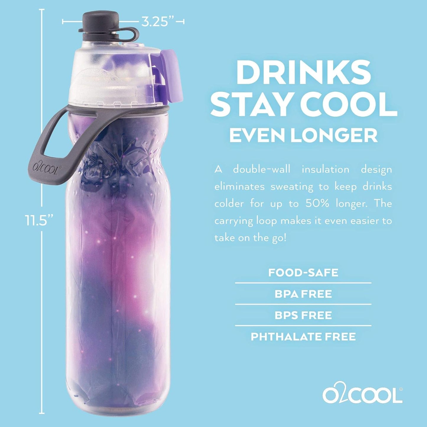 O2COOL 20 oz Mist 'N Sip Water Bottle - 2-in-1 Misting & Sipping Function, No Leak Spout | Tie Dye/Celestial Purple