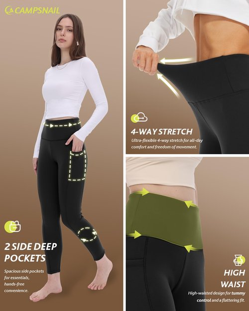 CAMPSNAIL Fleece Lined Leggings Women Water Resistant - Thick Thermal Warm Winter High Waisted Pants with Pockets for Snow