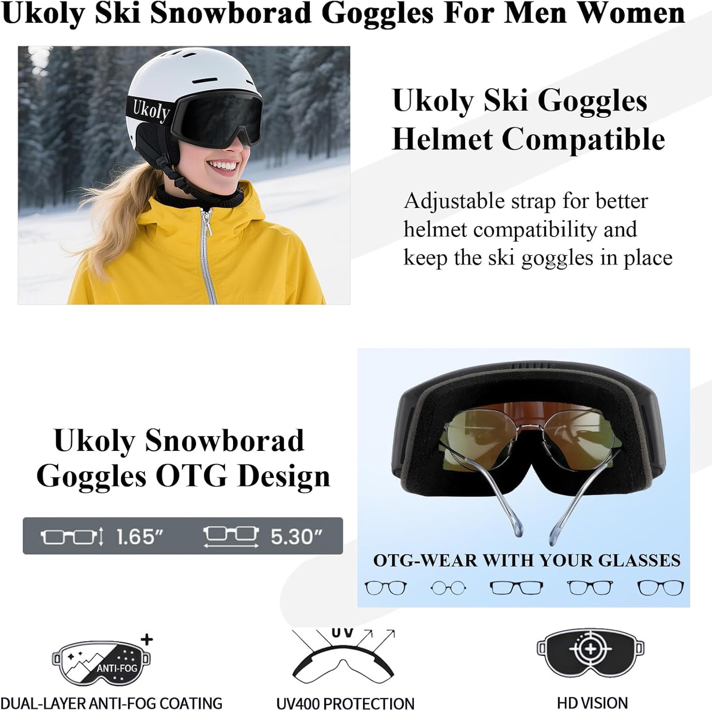 Ukoly Ski & Snowboard Goggles - HD Anti-Fog Lens, UV400 Protection, OTG Design for Men & Women