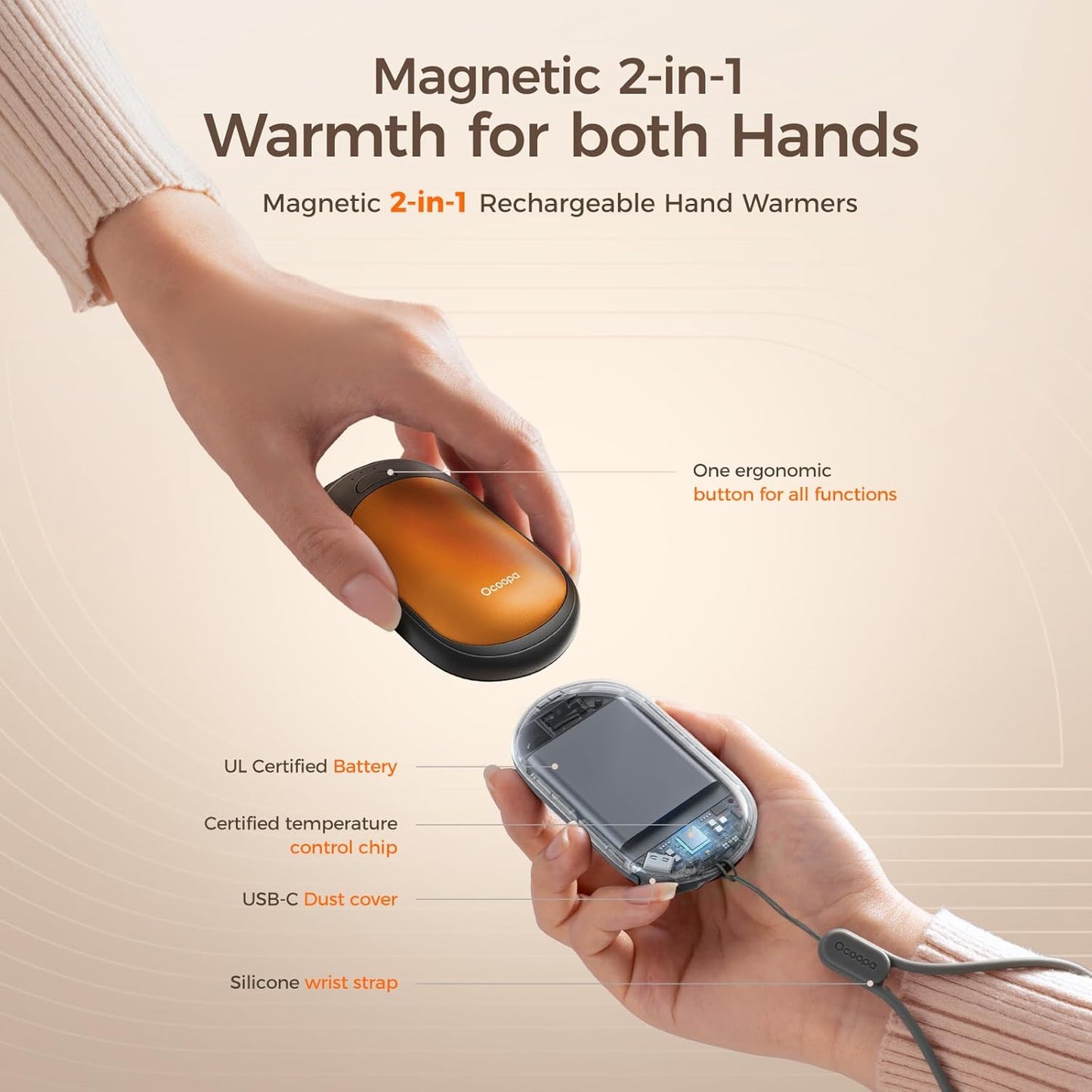 OCOOPA Rechargeable Magnetic Hand Warmers - 3 Heat Settings, Pocket-Sized, Lasts Up to 8 Hours | Ideal for Outdoor Activities