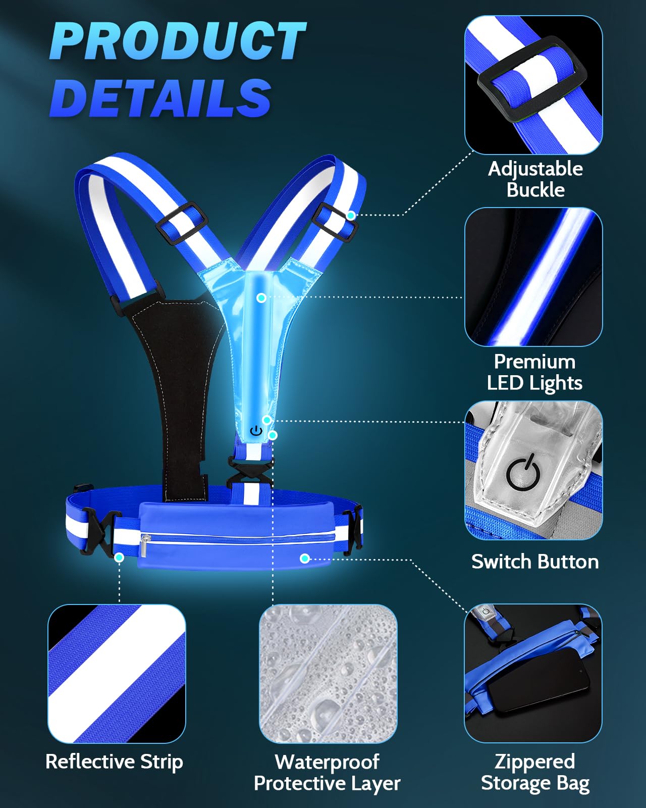 Fitense LED Reflective Running Vest, 5 Colors Light Up Running Vest Rechargeable Running Lights for Runners High Visibility Reflective Running Gear, Adjustable for Men and Women
