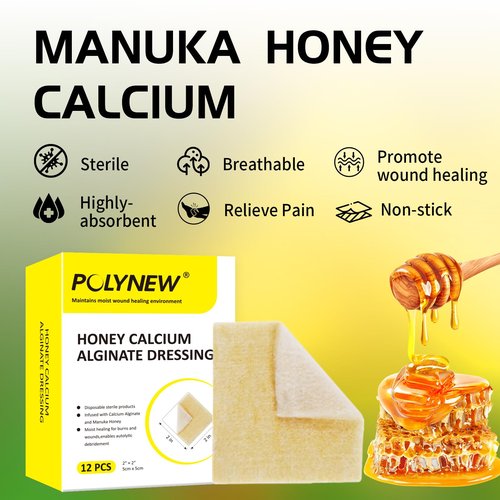 Polynew Manuka Honey Calcium Alginate Dressing, 12 Individual Pack, 2"x2" Patches, Wound Dressing with Calcium Alginate, Bandages for Burns, Faster Wound Care
