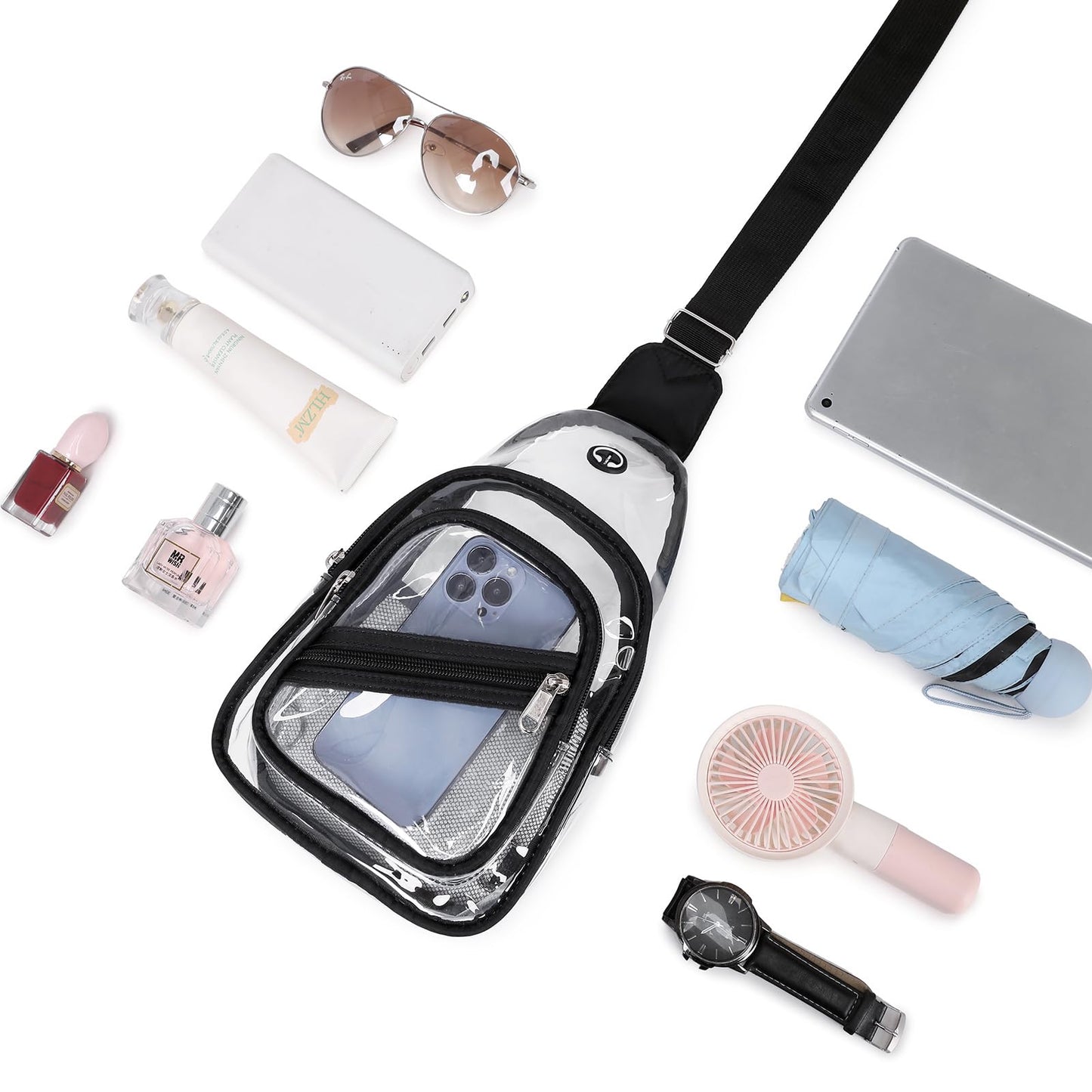 Clear Bag for Stadium Events, Clear Purse Bag for Women Men Waterproof PVC Crossbody Fanny Pack for Concert Sport Hiking Travel, Black
