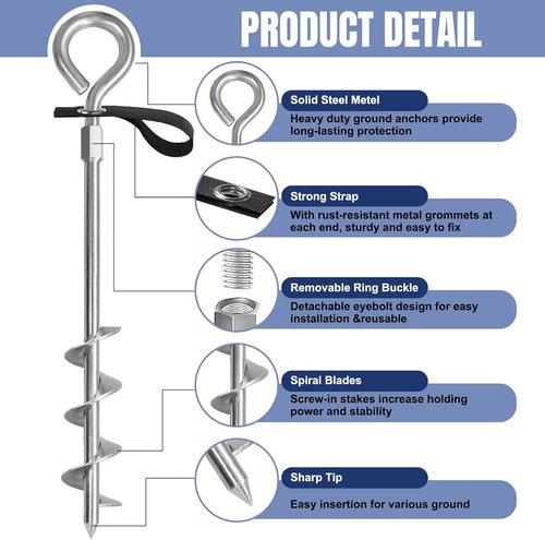 Eurmax USA Heavy-Duty Trampoline Stakes - 4-Pack Outdoor Anchor Kit with Straps | Silver