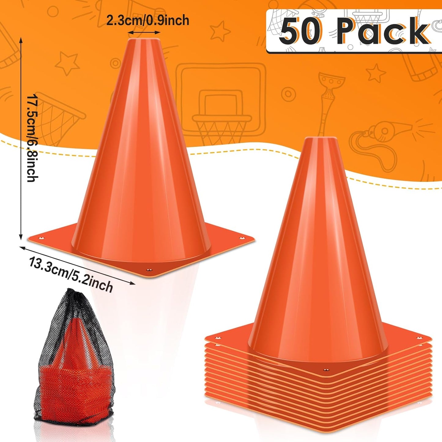 Skiennix 7-Inch Plastic Traffic Cones - 50 Pcs Orange Agility Training Markers for Soccer, Basketball & More