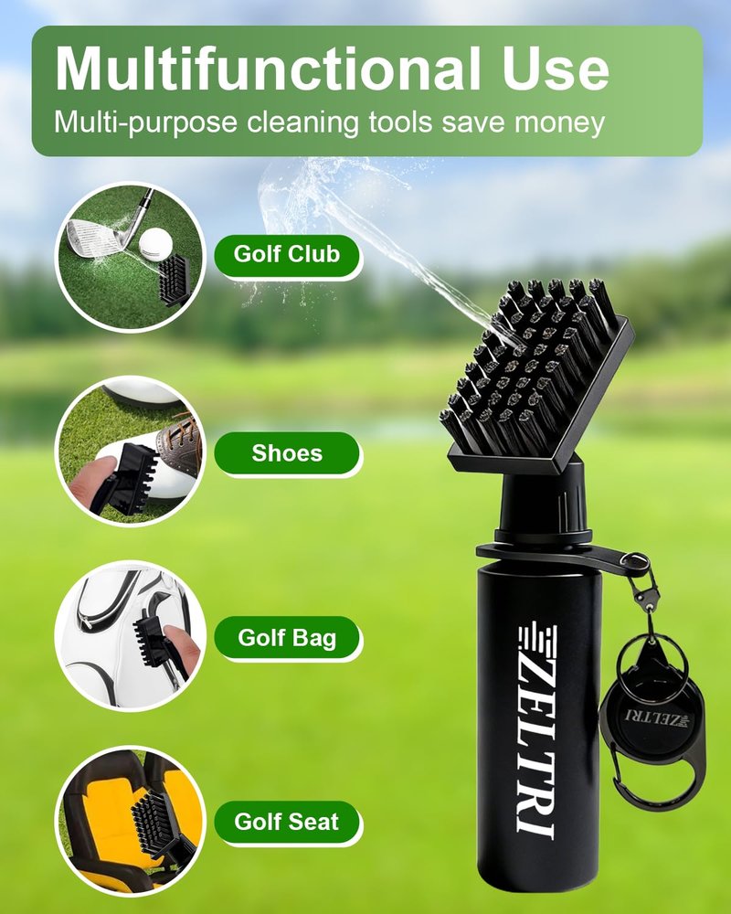 Zeltri Golf Club Brush Cleaner with Retainer Clip and 8.0 x 8.0 in Golf Towel - Holds 4 Oz Water Durable Nylon Bristles for Easy Cleaning Essentials Golf Accessories (1PCS Golf Brush+1PCS Golf Towel)