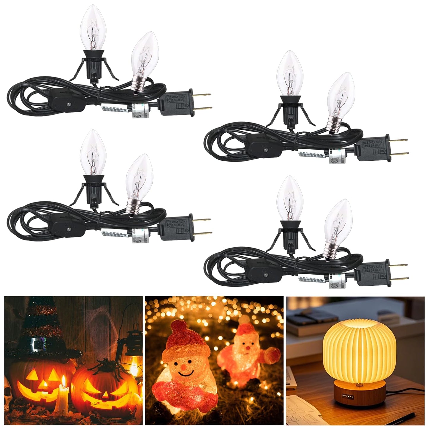 PASUTO 6FT Accessory Cord for Craft Lighting Halloween Pumpkin Christmas House Decorations, 4 Sets Candelabra-Base E12 Socket C7 Bulbs Clip Light with On/Off Switch Plugs (8 Bulbs, 4 Spare)