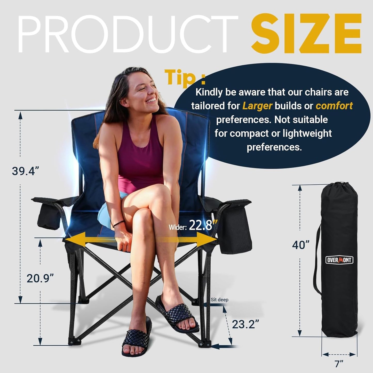 Overmont Oversized Camping Chair - 450lbs Capacity with Padded Cushion & Cooler Pockets | Heavy-Duty Collapsible Design