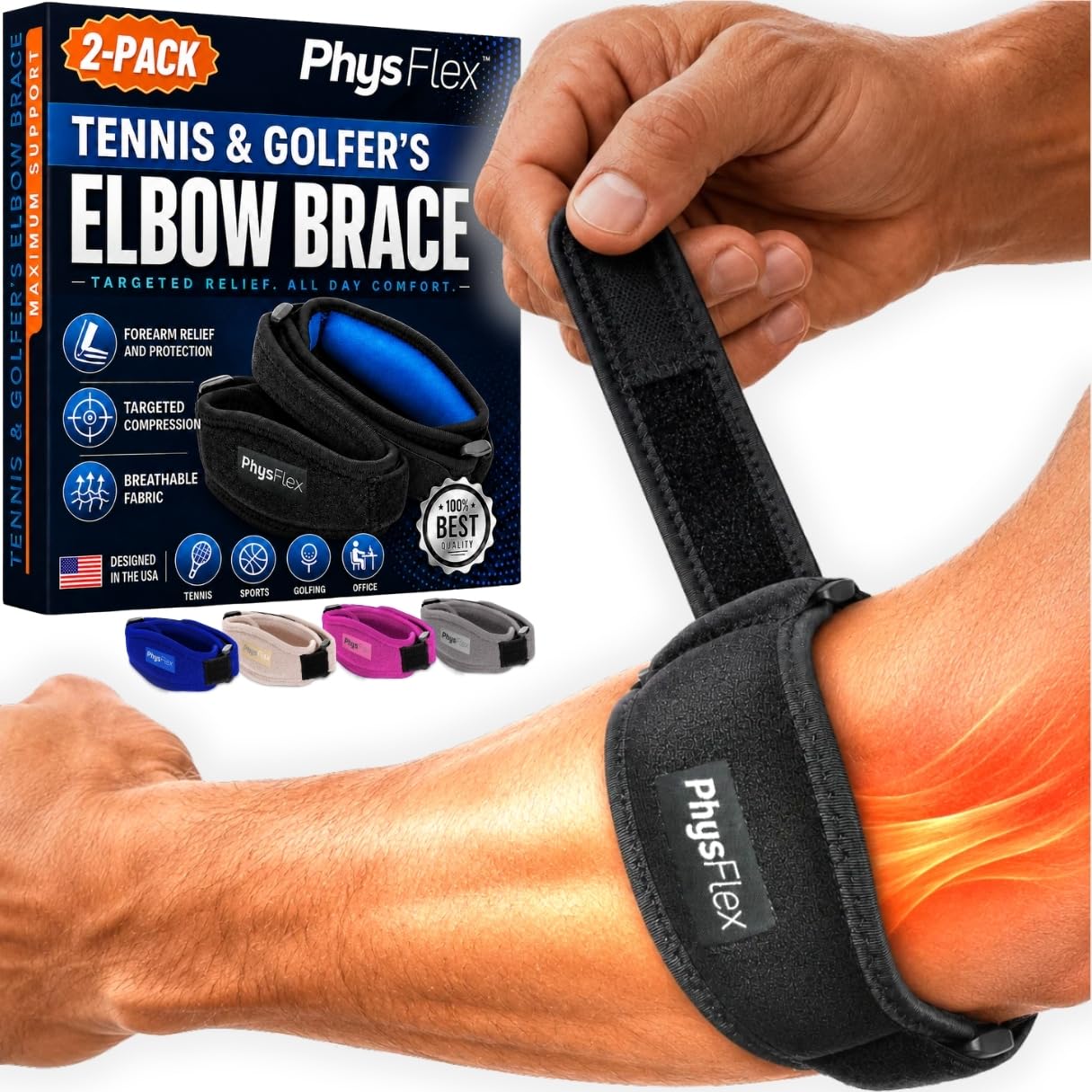 PhysFlex 2-Pack Elbow Brace for Men & Women, Adjustable Tennis & Golfer's Elbow Support Strap for Tendonitis Pain Relief - Compression Pad for Arm, Forearm, Tendon Pain Relief