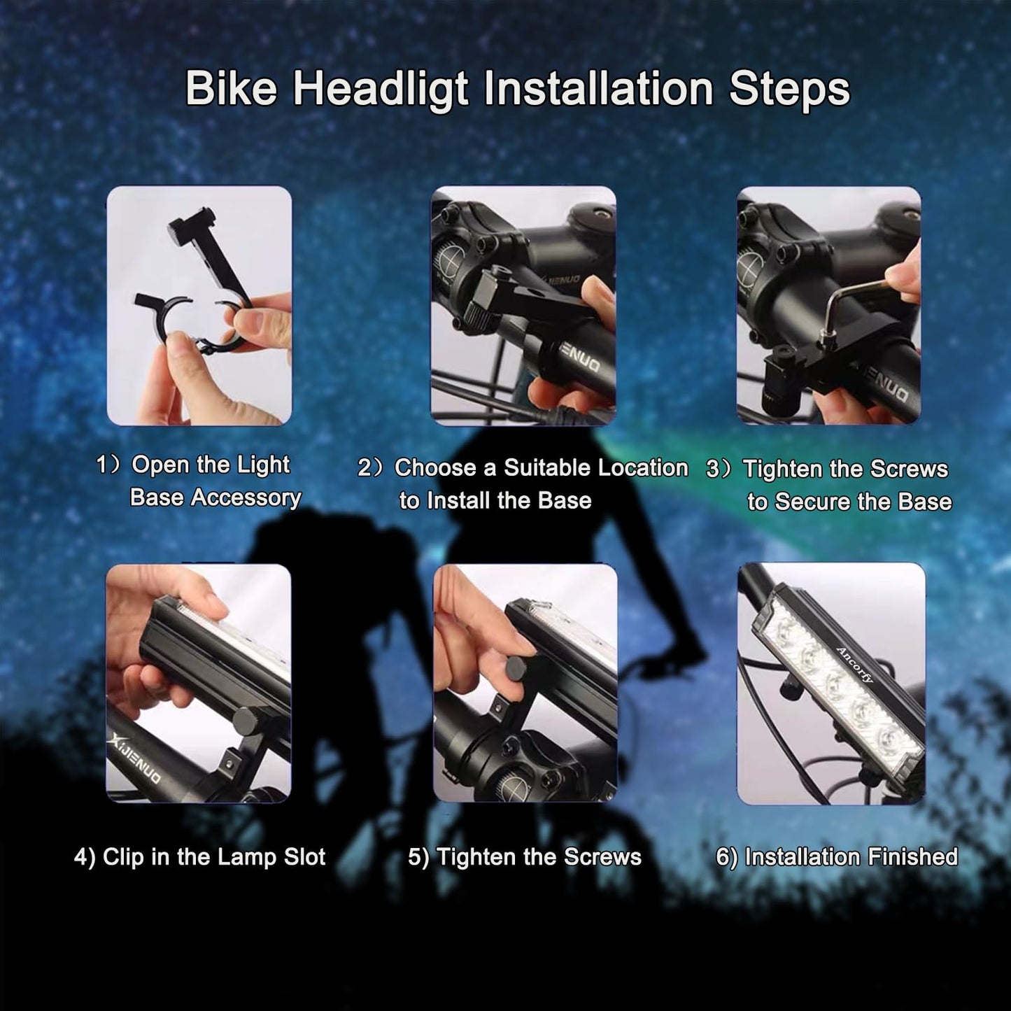 Ancorfy 3 LED 1000 Lumen Super Bright Bike Lights for Night Riding, 5 Modes Bicycle Headlight, Rechargeable and Waterproof Bike Headlight and Tail Light Set for MTB Off-Road Cycling Commuting