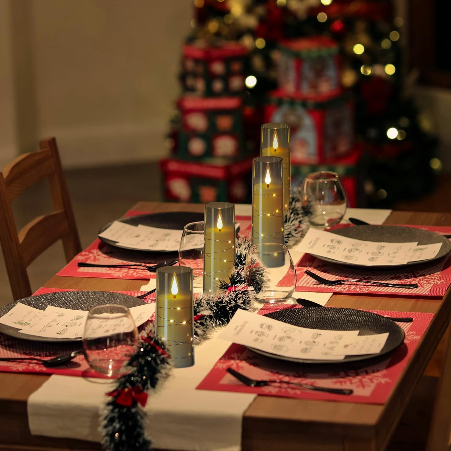 DRomance Flickering Flameless Candles String Lights with 11-Key Remote and Timer Battery Operated LED Pillar Candles Unbreakable Plastic Glass 3D Wick Mood Light Christmas Holiday Decor-5 Pack Black