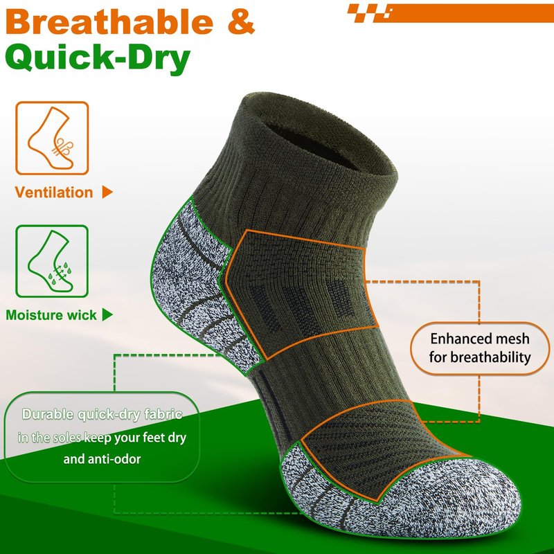 NSRRUN TURTLE Compression Ankle Socks - Cozy Cushioned Hiking Running for Men Women - Thick Warm Durable, XX-Large, Green, 6 Pairs