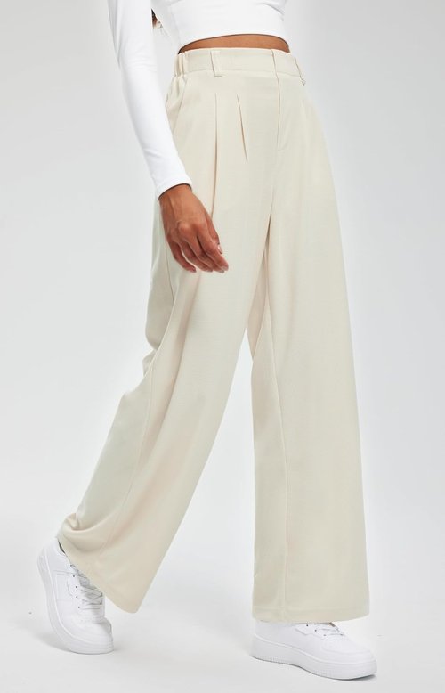 Libin Women's Wide Leg Pants - 29" High Waisted Waffle Knit Casual Trousers with Pockets | Beige, Medium