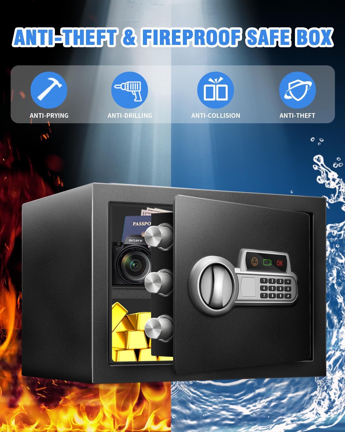 Fdsutvit Safe Box 1.5 Cu Ft, Steel Security with Fireproof Bag & Digital Electronic Keypad, Safety Lock Box, Sensor Light, Removable Shelf, Home Safe for Valuables Documents Money Jewelry