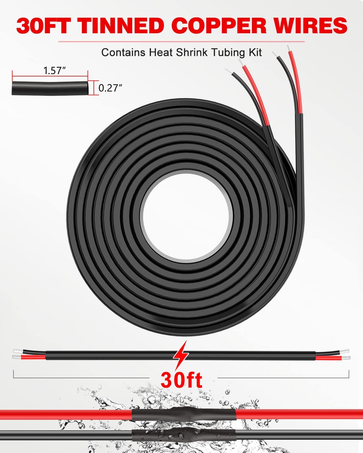 NAOEVO 10 AWG Stranded Electrical Wire - Flexible 12V Tinned Copper Cable for Automotive & Marine Use | 30FT