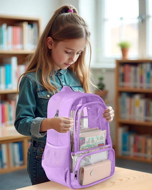 KIMNERPU Clear Backpack, Fabric & PVC Transparent Backpack with Reinforced Strap for Women Men, Heavy Duty Transparent Bookbag, Large Capacity Clear Bag, Travel, Security, Purple