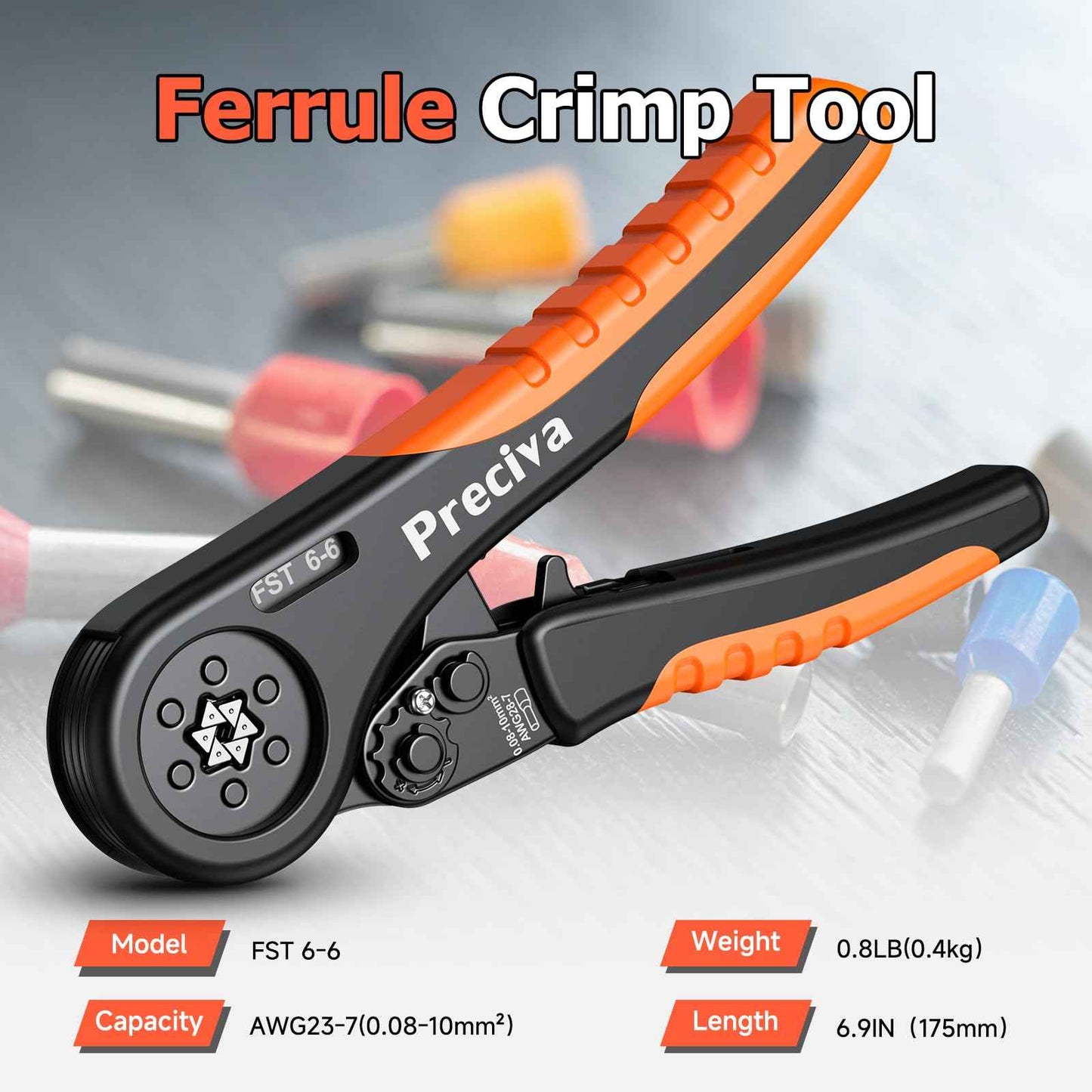 Preciva Hexagonal Ferrule Crimping Tool, AWG 28-7(0.08-10mm²) Crimper Plier Adjustable Ratcheting Wire Crimping Tool